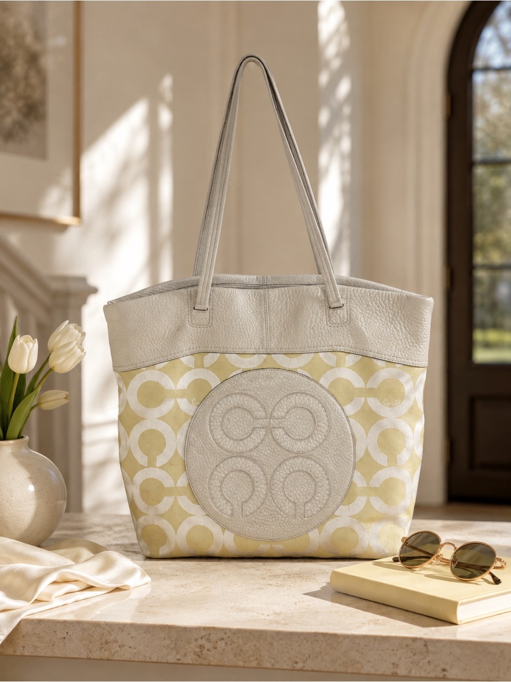 Coach Julia Op Art Signature Tote Bag Cream Yellow White 15013